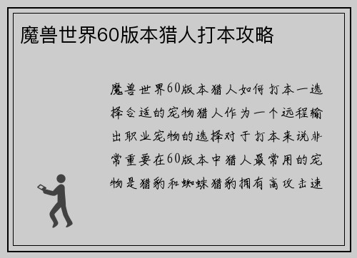 魔兽世界60版本猎人打本攻略