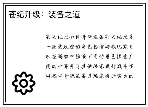 苍纪升级：装备之道